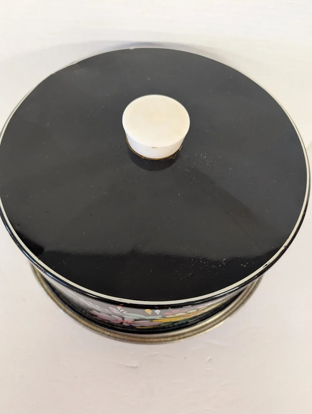 Vintage  Cake Tin 1950s Black with Pink & Yellow Flowers Hand-painted